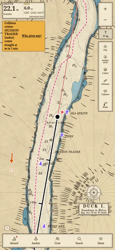 Vessels from AIS on the Hudson below West Point, a tanker coming up the reach on a collision course in red.