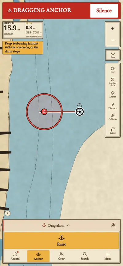 The drag alarm: Dragging anchor across the top, the boat outside its circle.