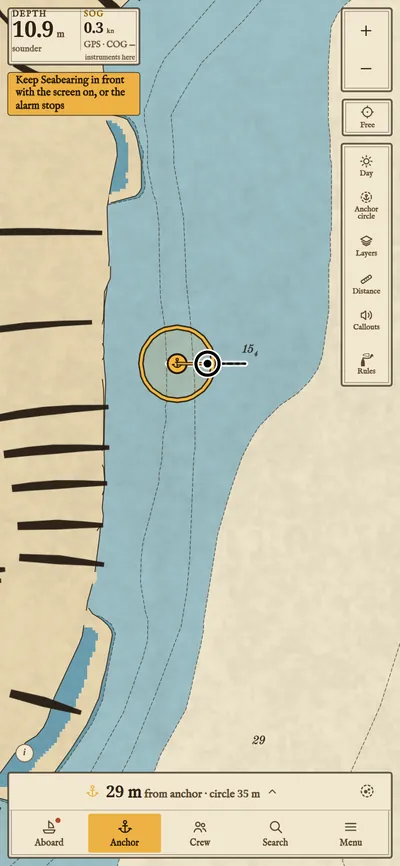 An anchor set: the watch circle round the anchor, the boat inside it.