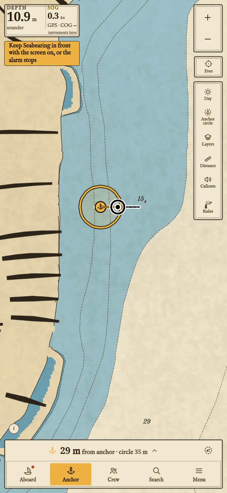 An anchor set: the watch circle round the anchor and the boat.