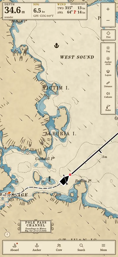 Wasp Passage on a phone: the boat and its track out of the passage, its course line, the rocks and the light on the islets, and depth, speed and wind at the top.