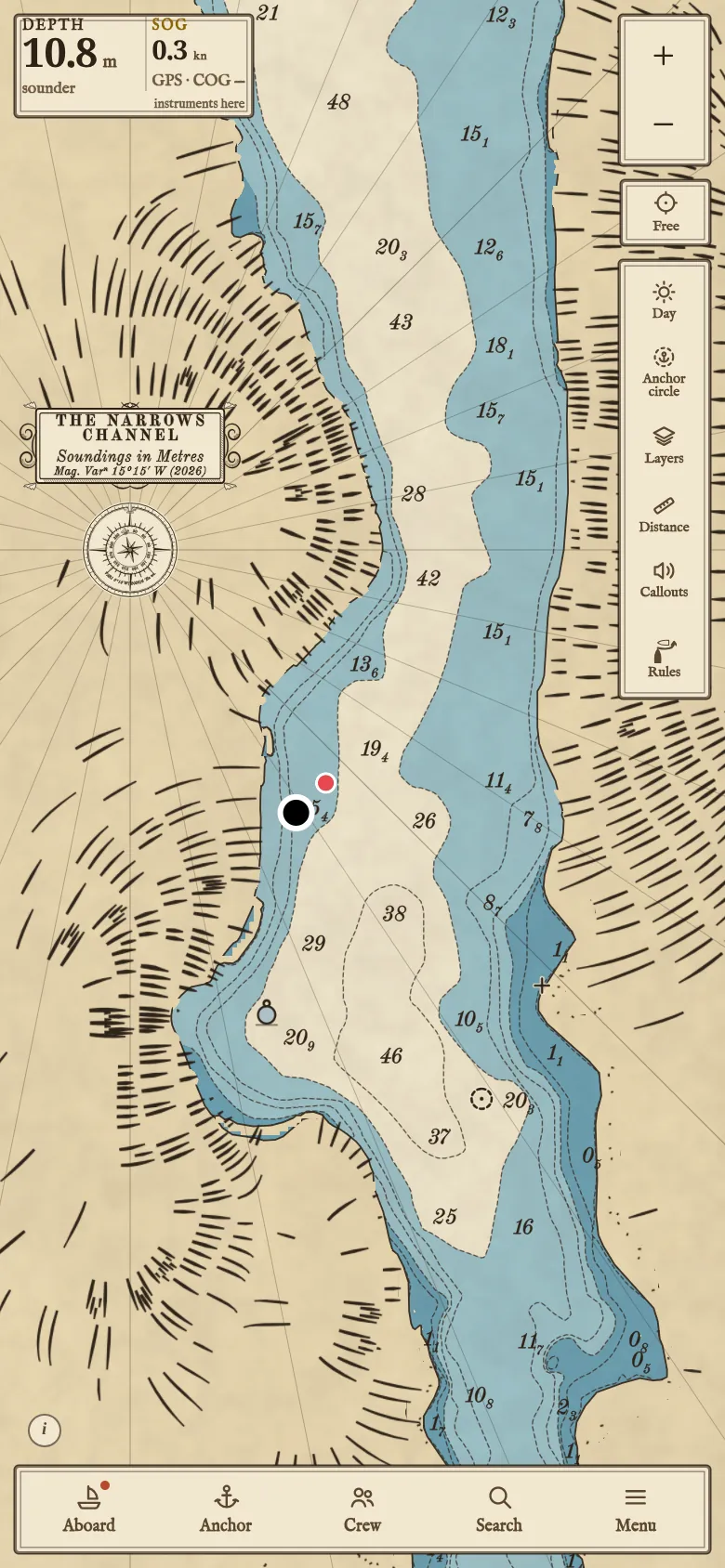 Valley Cove, Somes Sound, in the Traditional chart style: soundings, the engraved mountains, the compass rose and The Narrows Channel title plate.
