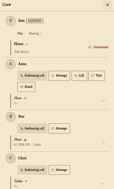 The crew screen: Sam, the captain, and three crew devices, each with how far away it is.