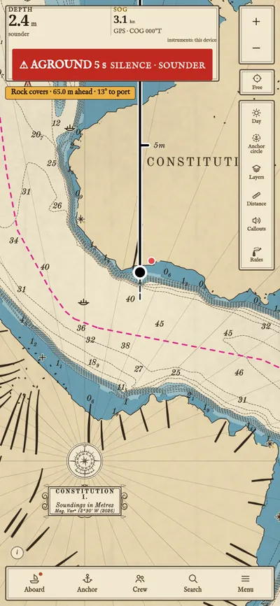 The grounding alarm as the boat heads onto a shoal in the Hudson at West Point.