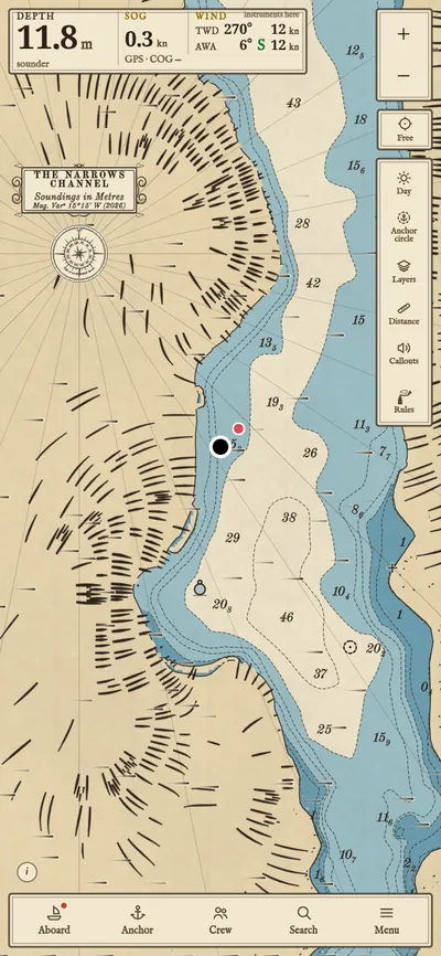The sounder's depth and the wind across the top of the chart, and the wind drawn as short streaks.