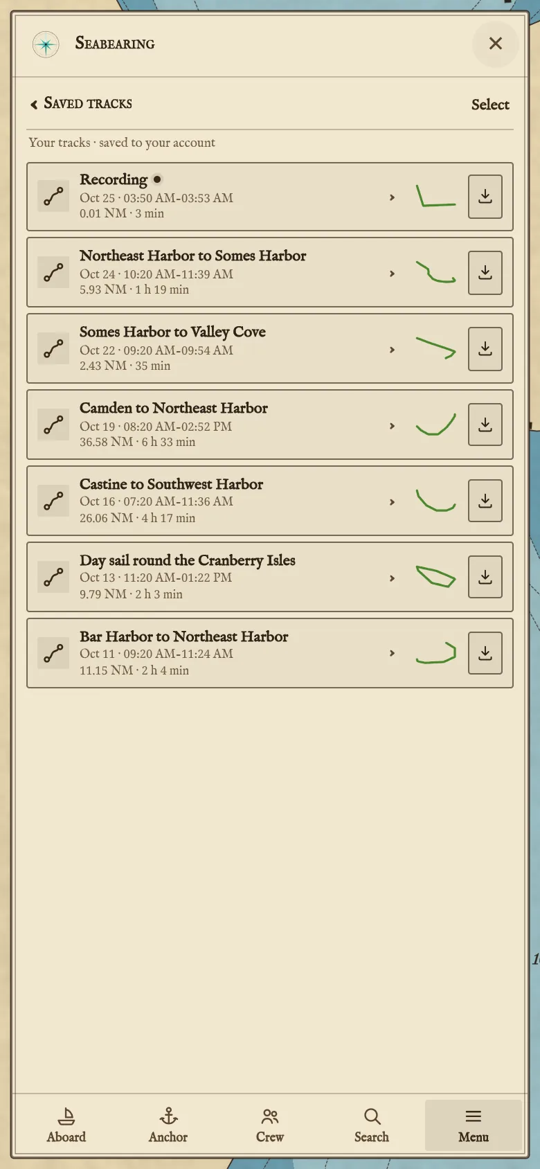 The Saved tracks list: each track with its date, distance and time, and a button to export it.